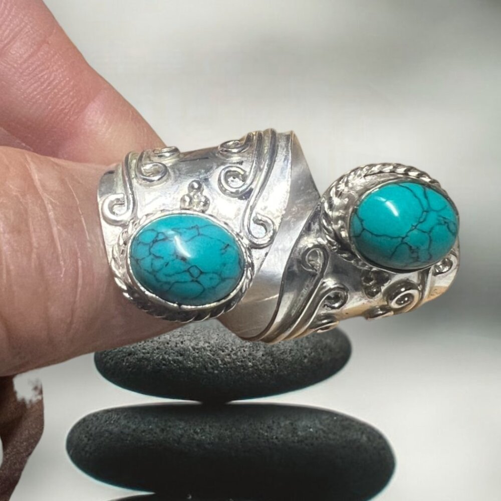 Silver wrap ring two turquoise stones expandable from size 8